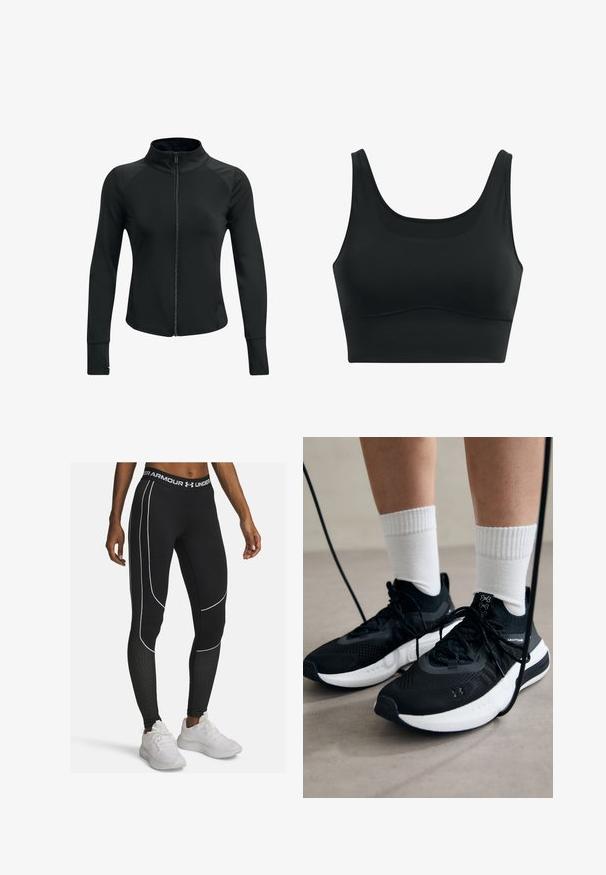 Czarna sportowa kurtka z wysokim kołnierzem, pełnym suwakem, długimi rękawami i fakturowanymi akcentami na ramionach. Wykonana z gładkiego, elastycznego materiału.; Czarny sportowy stanik wykonany z gładkiego materiału, z okrągłym dekoldem, szerokimi ramiączkami i bezszwową konstrukcją z zaokrąglonym dołem.; Under Armour - Rajstopy; Czarne buty sportowe z teksturowanym materiałem, białą podeszwą i czarnymi sznurowadłami. Nosi je osoba w białych skarpetkach w prążki, stojąca na jasnej powierzchni.