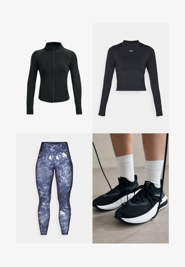 Melnā sporta jaka ar augstu apkakli, pilnu rāvējslēdzēju, garām piedurknēm un strukturētām plecu akcentiem. Izgatavota no gluda, elastīga auduma.; Melna garo piedurkņu apgrieztais tops, kas izgatavots no gludas, elastīgas auduma, ar augstu dekoltē un mazu atstarojamu logotipu krūtīs.; Jūras spēku aktīvās legingi ar marmora rakstu baltā un gaiši zilā krāsā, augsta jostas līnija, izgatavoti no elastīga, mitrumu absorbējoša materiāla.; Melni sporta apavi ar strukturētu audumu, balta zole un melni šņores. Valkāti ar baltām ribotām zeķēm, stāvot uz gaišas virsmas.