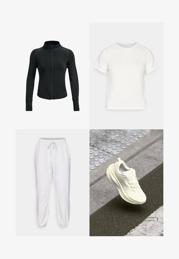 Sort atletisk jakke med høj krave, fuld lynlås, lange ærmer og strukturerede skulderdetaljer. Fremstillet af et glat, strækbart stof.; Let T-shirt i let hvidt med korte ærmer, rund hals og et lille logo i øverste venstre hjørne. Glat stof med en subtil glans.; Lysegrå joggingbukser lavet af blødt stof, med elastisk linning, snøre og tapered manchetter, samt sidelommer.; Hvid løbesko med tekstureret overdel, mesh-paneler, snørebånd og en polstret sål. Har en reflekterende detalje og let buet form.