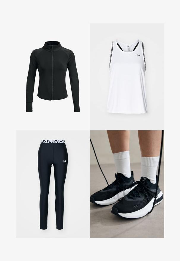 Zwarte sportieve jas met hoge kraag, volledige rits, lange mouwen en gestructureerde schouderaccenten. Gemaakt van een gladde, rekbare stof.; Witte sportieve tanktop met dunne zwarte bandjes, voorzien van logo en tekstprint, gemaakt van lichte, ademende stof; losse pasvorm.; Marine sportlegging met een witte elastische tailleband met de tekst "ARMOUR". Inclusief een klein wit logo op de bovenkant van het linker been.; Zwarte sportschoenen van gestructureerde stof, met een witte zool en zwarte veters. Draag ze met witte geribde sokken, staand op een lichte ondergrond.