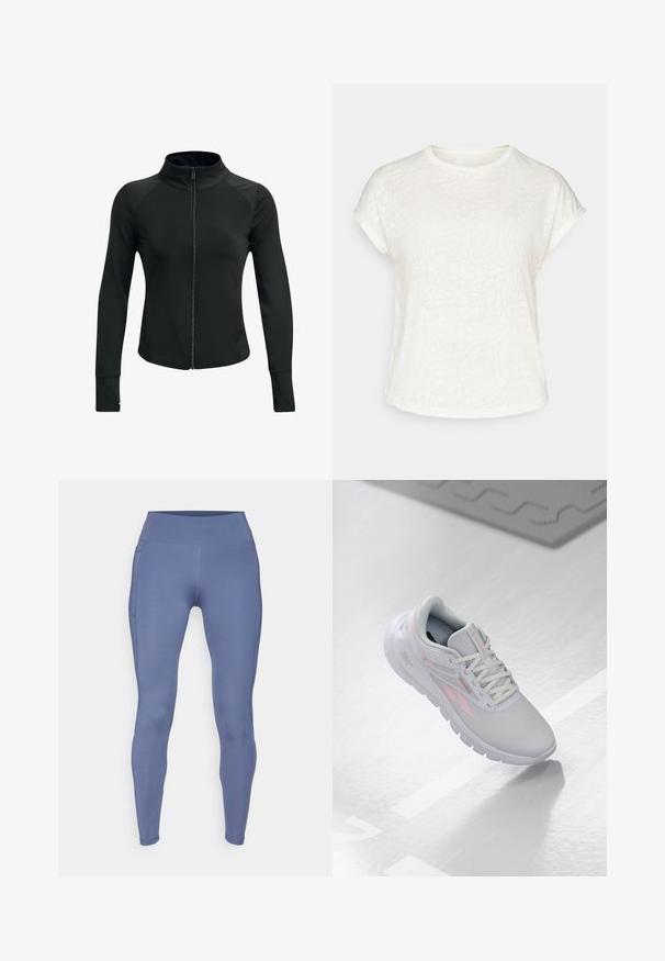 Giacca sportiva nera con colletto alto, zip frontale completa, maniche lunghe e spalle texturizzate. Realizzata in un tessuto liscio ed elasticizzato.; T-shirt bianco a maniche corte con motivo floreale testurizzato, scollo rotondo e vestibilità rilassata. Realizzato in tessuto morbido e leggero.; ONLY Play ONPJAM-2-FONT - Leggings - vintage indigo; Scarpa sportiva grigia chiara con accenti rosa, parte superiore in rete, punta arrotondata, suola imbottita e chiusura con lacci. La superficie è liscia e riflettente.