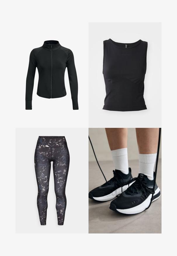 Črna športna jakna z visokim ovratnikom, polnim zadrgo, dolgimi rokavi in teksturiranimi ramenimi akcenti. Narejena iz gladkega, elastičnega materiala.; Črn brezrokavnik iz športnega materiala z gladko tkanino, zaobljenim ovratnikom in prilegnjeno silhueto z diskretnim logotipom.; Hlačne legice z visokim pasom v črni osnovi z marmoriranim vzorcem v umirjenih barvah. Gladek, raztegljiv material z kontrastnimi šivi in brez vidne kovinske opreme.; Črne športne čevlje z strukturirano tkanino, belo podplatom in črnimi vezalkami. Nosi se z belimi rebrastimi nogavicami, stoje na svetli površini.