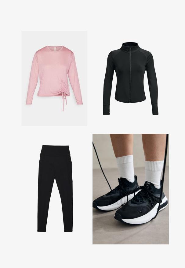 Sort atletisk jakke med høj krave, fuld lynlås, lange ærmer og strukturerede skulderdetaljer. Fremstillet af et glat, strækbart stof.; Langærmet lyserød top lavet af blød stof, med en samlet detalje ved taljen med justerbare bånd og rund halsudskæring.; Even&Odd active ESSENTIAL FULL LENGTH HIGH RISE LEGGINGS WITH SIDE POCKET - Tights - black; Sorte sportssko med tekstureret stof, hvid sål og sorte snørebånd. Båret med hvide ribbede sokker, stående på en lys overflade.