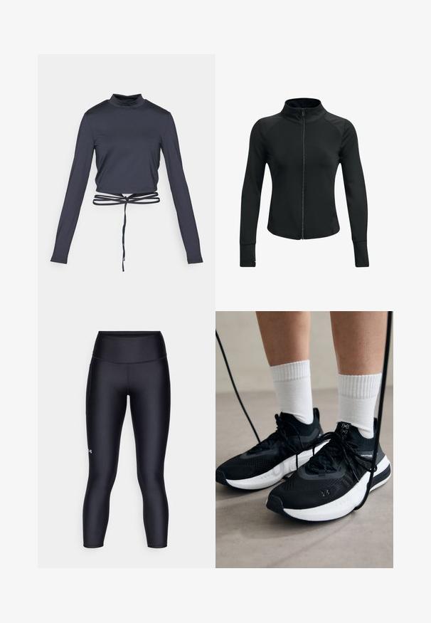 Černá sportovní bunda s vysokým límcem, plným zipem, dlouhými rukávy a texturovanými akcenty na ramenech. Vyrobena z hladké, elastické tkaniny.; Námořnický zkrácený top s dlouhým rukávem, který má vysoký límec a nastavitelné zavírání na šňůrku v oblasti pasu. Hladká, elastická tkanina s přiléhavým střihem.; Černé legíny vyrobené z hladkého, elastického materiálu. Vysoký pas s těsným střihem a malým logem na levé noze.; Černé sportovní boty s texturovanou tkaninou, bílou podrážkou a černými tkaničkami. Nosené s bílými žebrovanými ponožkami, stojící na světlém povrchu.