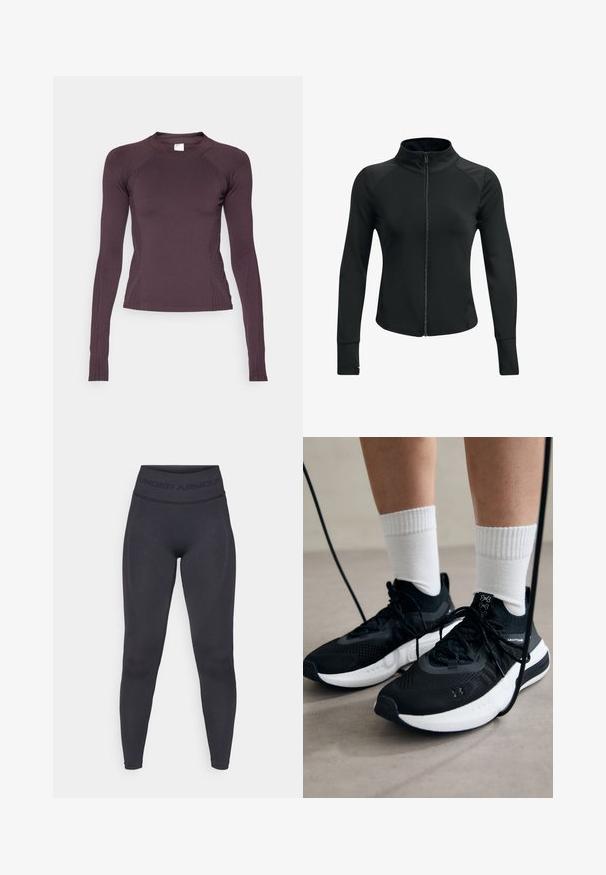Melnā sporta jaka ar augstu apkakli, pilnu rāvējslēdzēju, garām piedurknēm un strukturētām plecu akcentiem. Izgatavota no gluda, elastīga auduma.; Tumšviolets sporta krekls ar garām piedurknēm, izgatavots no elastīga materiāla. Ievērības cienīgs ir apļa formas kakla izgriezums un viegli riboti sānu akcenti.; Melni legingi ar augstu elastīgu jostasvietu, uz kuras ir teksts "UNDER ARMOUR". Gluda tekstūra ar smalkiem raksta akcentiem gar kājām.; Melni sporta apavi ar strukturētu audumu, balta zole un melni šņores. Valkāti ar baltām ribotām zeķēm, stāvot uz gaišas virsmas.