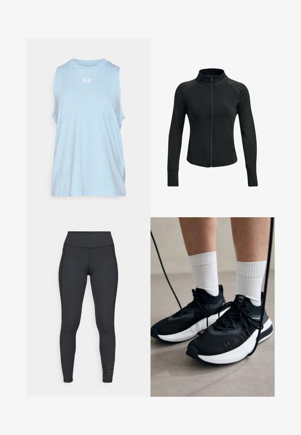 Must have käekott must sportlik jakk kõrge kraega, täispikk tõmblukk, pikad varrukad ja tekstureeritud õlavarre aktsendid. Valmistatud sujuvast ja venivast kangast.; Hea sinine ilma varrukateta särk, mis on valmistatud pehmest kangast. Ümara kaelusega ja lõdva lõikega, rinnal on valge logo. Pole nähtavaid mustreid ega aksessuaare.; Mustad mustavad leggingud, mis on valmistatud elastsetest materjalidest, kõrgema vöökoha, sujuva disaini ja sirgete aktsentdetailidega pahkluude lähedal.; Mustad mustad jalanõud tekstuuritud kangast, valge tallaga ja mustade paeltega. Kanna valgete soonikkudega sokkide sisse, seistes helesinisel pinnal.