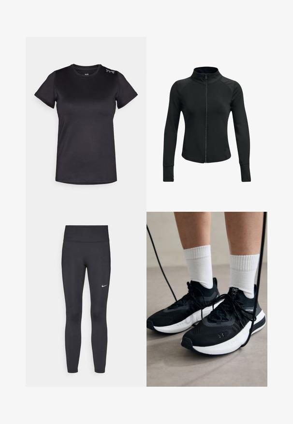 Musta urheilutakki, jossa on korkea kaulus, täysi vetoketju, pitkät hihat ja teksturoidut olkaimet. Valmistettu sileästä, joustavasta kankaasta.; Mustapaitainen lyhythihainen urheilu-paita, jossa on teksturoitu pinta ja pyöreä kaula-aukko; vasemmalla olkapäällä on valkoinen logo.; Mustat leggingsit joustavasta kankaasta, joissa on korkea vyötärö ja valkoinen Nike-logo vasemmassa reidessä. Sileä pinta, muotoaan myötäilevä suunnittelu.; Mustat urheilukengät, joissa on teksturoitua kangasta, valkoiset pohjat ja mustat nauhat. Yhdistetty valkoisten urheilusukkien kanssa, seisten vaalealla pinnalla.