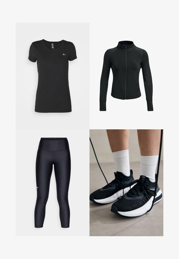 Črna športna jakna z visokim ovratnikom, polnim zadrgo, dolgimi rokavi in teksturiranimi ramenimi akcenti. Narejena iz gladkega, elastičnega materiala.; ONLY Play ONPCLARISSA TRAIN TEE - Navadna majica - black; Črne legice iz gladkega, raztegljivega materiala. Visok pas s tesnim prileganjem in majhnim logotipom na levi nogi.; Črne športne čevlje z strukturirano tkanino, belo podplatom in črnimi vezalkami. Nosi se z belimi rebrastimi nogavicami, stoje na svetli površini.