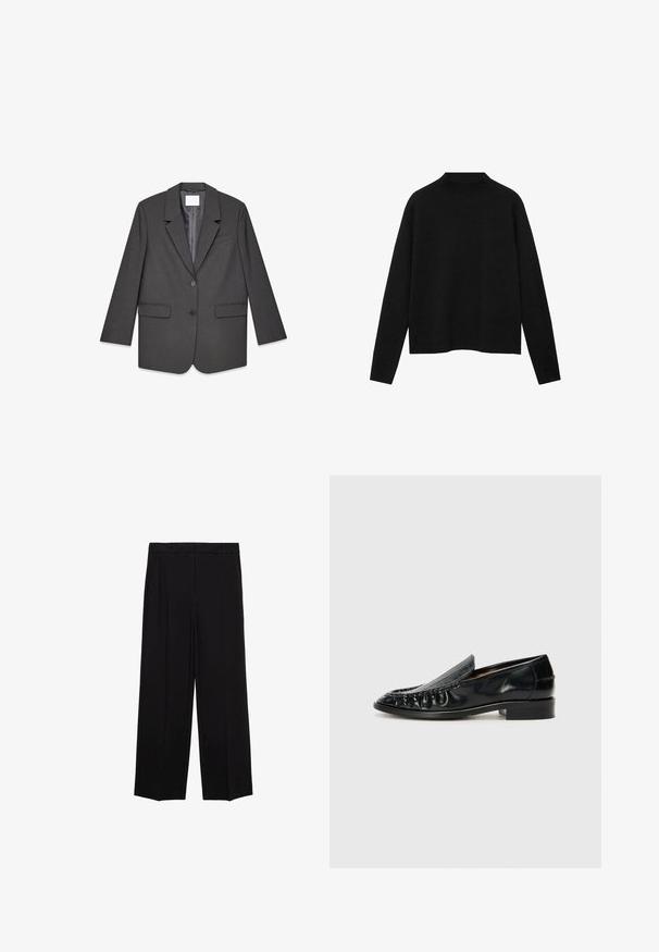 Donkergrijze blazer met twee knopen en gesneden revers, twee voorzakken met flap en één borstzak. De blazer wordt plat weergegeven op een witte achtergrond.; Zwarte coltrui van zacht materiaal, met lange mouwen en een relaxte pasvorm, met een schone, minimalistische uitstraling.; Zwarte wijde broek van een gladde stof, met plooien aan de voorkant en zijzakken, ontworpen met een rechte, relaxte snit.; Billi Bi Mocassins - black