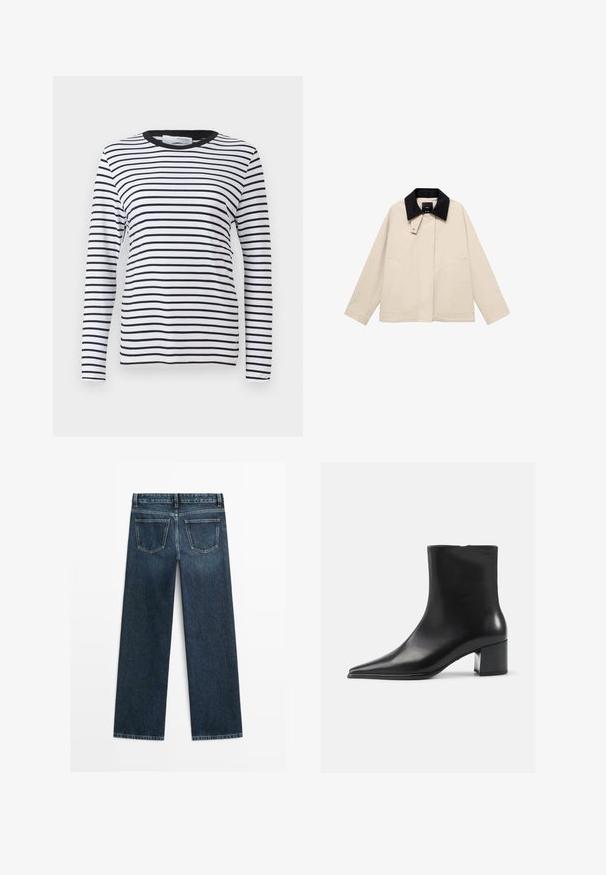 Beige Jacke mit schwarzem Cordkragen, seitlichen Taschen und gerader Silhouette. Hergestellt aus leichtem Stoff, konzipiert für Vielseitigkeit.; Langarmshirt mit schwarz-weißen Horizontalstreifen, runder Halsauschnitt, aus weichem Stoff, mit einem schlichten Design ohne Muster.; Dunkelblaue Jeans im geraden Schnitt, mit zwei Gesäßtaschen und sichtbaren Nähten entlang der Nähte und Säume.; Schwarze Lederschnürstiefelette mit spitzer Zehenform, glatter Textur und mittelhohem Blockabsatz. Minimalistisches Design, Reißverschluss hinten.