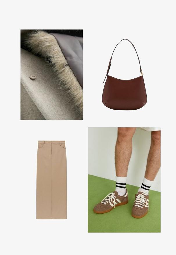 Beige Wollstoff mit einem weichen Kunstfellbesatz am Rand, ausgestattet mit einer runden Knopfverschluss in einem hellen Taupe. Glatte Innenauskleidung.; Weißer Strickpullover mit schwarzen horizontalen Streifen, gerippten Bündchen und Saum, lässiger Schnitt, Rundhalskragen und seitlichen Schlitzen an der Taille.; Mango Maxirock - beige; Braune Wildleder-Sneaker mit weißen Akzenten und Schnürsenkeln. Gummisohle in Kautschuk-Optik. Getragen mit weißen Socken, die schwarze Streifen haben. Grüner strukturierter Fußboden.; Braune Leder-Schultertasche mit einer geschwungenen Silhouette, einem einzelnen Tragen, kontrastierenden Nähten und minimalistischem Design.