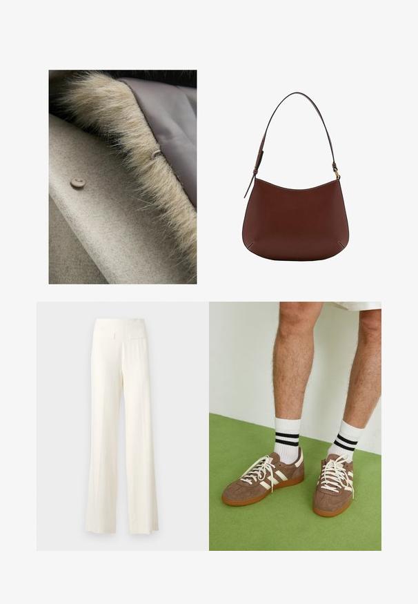 Beżowa wełniana tkanina z miękkim sztucznym futrem wzdłuż krawędzi, z okrągłym zapięciem w jasnym taupe. Gładka podszewka wewnętrzna.; Biały sweter dzianinowy z czarnymi poziomymi paskami, ściągacze na mankietach i u dołu, luźny krój, okrągły dekolt oraz rozcięcia po bokach w talii.; Spodnie o szerokich nogawkach w kolorze kości słoniowej z teksturowanej tkaniny, z delikatnymi pionowymi paskami oraz dwoma tylnymi kieszeniami.; Brązowe zamszowe sneakersy z białymi akcentami i sznurówkami. Gumowa, brązowa podeszwa. Noszone z białymi skarpetkami w czarne paski. Zielona teksturowana podłoga.; Brązowa skórzana torba na ramię o zaokrąglonym kształcie, z pojedynczym paskiem, kontrastowym szyciem i minimalistycznym designem.