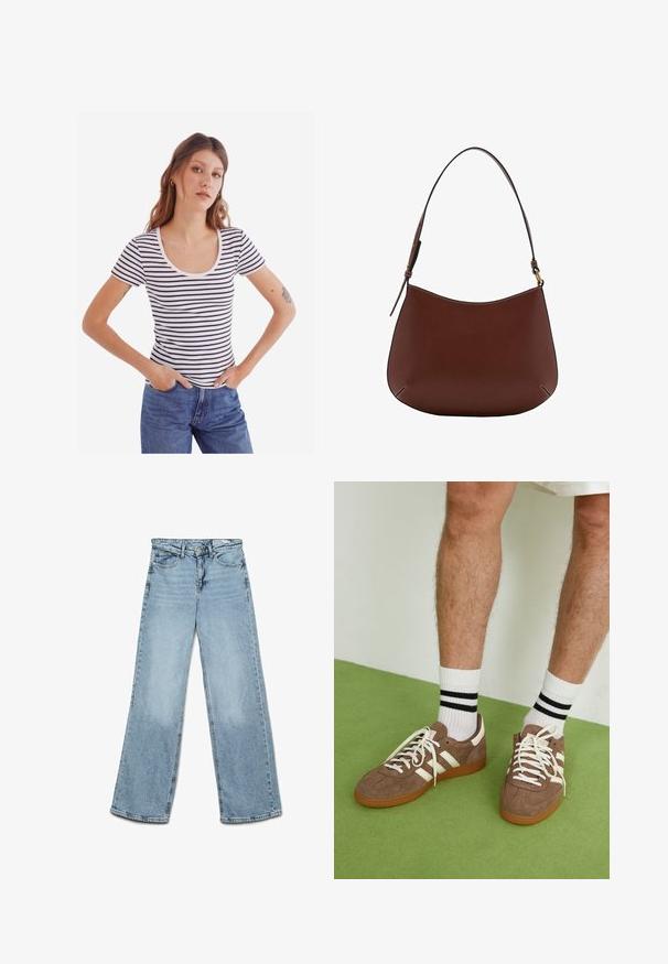 Beige Wollstoff mit einem weichen Kunstfellbesatz am Rand, ausgestattet mit einer runden Knopfverschluss in einem hellen Taupe. Glatte Innenauskleidung.; Gestreiftes kurzärmeliges Hemd mit einem Rundhalsausschnitt, das marineblaue und weiße horizontale Streifen aufweist, mit einer gerippten Textur, getragen zu hochgeschnittenen Jeans.; Hellblaue, weit geschnittene Jeans aus Denim, mit einem klassischen Fünf-Taschen-Design und geradem Schnitt, mit minimalen Ausbleichungen an den Beinen.; Braune Wildleder-Sneaker mit weißen Akzenten und Schnürsenkeln. Gummisohle in Kautschuk-Optik. Getragen mit weißen Socken, die schwarze Streifen haben. Grüner strukturierter Fußboden.; Braune Leder-Schultertasche mit einer geschwungenen Silhouette, einem einzelnen Tragen, kontrastierenden Nähten und minimalistischem Design.