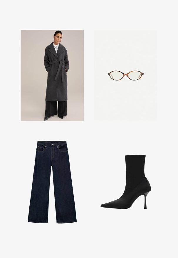 Harmaa villasekoitteinen trench-takki, jossa on leveä kaulus, vyötärölle sidottava vyö, sivutaskut ja pitkät hihat; yhdistetty mustiin leveälahkeisiin housuihin ja kärjellisiin kenkiin.; Vaaleanharmaa, pitkähihainen neulepaita, joka on valmistettu pehmeästä, pörröisestä materiaalista. Pyöreä pääntie ja rento istuvuus. Ei näkyviä kuvioita tai metalliosia.; Tummansininen farkkukangas leveälahkeiset housut, joissa on korkea vyötärö, viisi taskua, metallinappikiinnitys ja näkyvät ompeleet.; Musta nilkkuri, jossa on terävä kärki, venyvä kangas yläosa ja tyylikäs korkea stiletto-korko. Sileä pinta ja minimalistinen muotoilu.; Kilpikonnakuosiset silmälasit, joissa on soikeat linssit ja tyylikäs, sileä pinta. Ominaisuudet: ohuet sivut, joissa on hienovarainen kaari temppeleissä. Kirkkaat linssit.; Beige neulottu kolmionmuotoinen huivi, jossa on terävät päät ja brändietiketti sekä sertifiointimerkki lähellä yläreunaa.