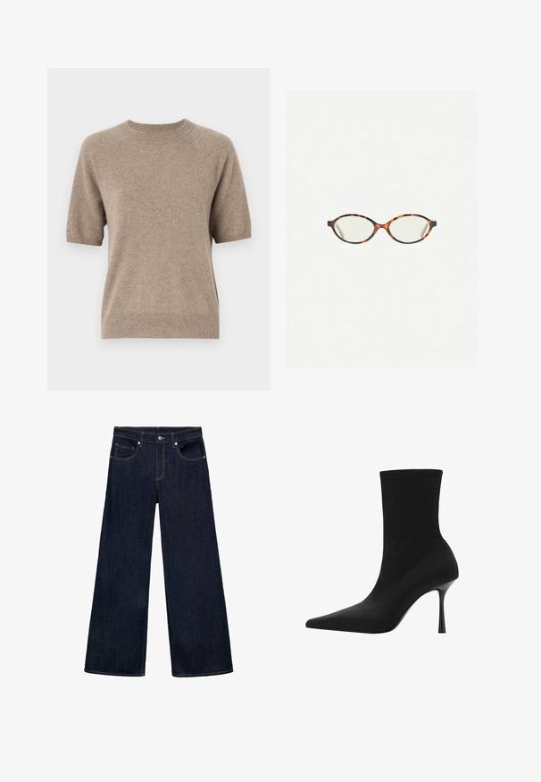 Sivi kaput od vune s dodatkom, s širokim reverima, pojasom u struku, bočnim džepovima i dugim rukavima; kombiniran s crnim hlačama širokih nogavica i cipelama s oštrim vrhom.; Pulover s kratkim rukavima u svijetloj bež boji, izrađen od mekog, teksturiranog materijala. Ima okrugli izrez i rebraste rukave i donji rub. Ležerni dizajn.; Tamno plave široke traperice visokog struka, s pet džepova, metalnim dugmetom za zatvaranje i vidljivim šavovima.; Crna gležnjača s uskim vrhom, rastezljivim tekstilnim gornjim dijelom i elegantnom visokim stiletto potplatom. Gladak teksturiran izgled s minimalističkim dizajnom.; Naočale u boji kornjače s ovalnim staklima i elegantnim, glatkim završetkom. Imaju tanke strane s suptilnom krivuljom na sljepoočnicama. Prozirna stakla.