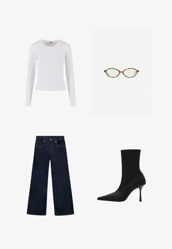 Grau-gestreifter Wollmischung-Trenchcoat mit breitem Revers, tailliertem Gürtel, seitlichen Taschen und langen Ärmeln; kombiniert mit schwarzen weiten Hosen und spitz zulaufenden Schuhen.; Langärmliges weißes T-Shirt aus weicher Baumwolle, mit Rundhalsausschnitt und taillierter Silhouette, ohne Muster oder Akzente.; Dunkelblaue Denim-Jeans im weiten Schnitt mit hoher Taille, mit fünf Taschen, Metallknopfverschluss und sichtbaren Nähakzenten.; Schwarze Stiefelette mit spitzem Zehenbereich, elastischem Obermaterial und schlankem, hohen Stiletto-Absatz. Glatte Textur mit minimalistischen Design.; Schildpatt-Eyegläser mit ovalen Gläsern und einer eleganten, glatten Oberfläche. Mit dünnen Seiten und einer subtilen Kurve an den Schläfen. Klare Gläser.