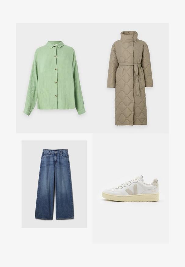 Abrigo largo en tono topo, acolchado, con cuello alto y cinturón de tela a juego atado en la cintura, que presenta un diseño de costura en patrón de olas en toda su superficie.; Suéter de punto a rayas en colores gris y beige, con cuello alto, mangas anchas con puños, y un corte relajado con un diseño recortado.; Camisa de botón color verde claro con cuello, fabricada en un tejido texturizado, de mangas largas y con botones marrones en el frente. Corte casual y acabado suave.; Jeans de mezclilla azul de pierna ancha con un acabado desgastado, que cuentan con un cierre de botón y cremallera, cinco bolsillos y cinturas.; Zapatilla de piel blanca con acentos de ante beige, caja de puntera perforada, cordones planos y suela texturizada en color crema. Cuenta con un branding sutil en el talón.