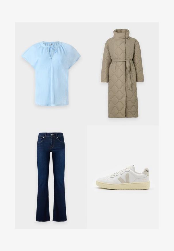 Dlhý taupe prešívaný kabát s vysokým golierom a opaskom z rovnakého materiálu viazaným v páse, so štepovaním vlnkového vzoru po celej ploche.; Prúžkovaný pletený sveter s šedými a béžovými farbami, vysokým golierom, širokými manžetami a voľným strihom s krátkym dizajnom.; Svetlomodrá blúzka s krátkym rukávom a okrúhlym výstrihom, s detailom viazania vpredu. Vyrobená z jemnej, ľahkej tkaniny s voľným strihom.; Tmavomodré džínsové nohavice s rozšírenými nohavicami a stredne zvýšeným pásom, s prednými vreckami a kontrastným prešívaním. Obsahujú kovové zapínanie na gombík a pútka na opasok.; Biele kožené tenisky s béžovými semišovými akcentmi, perforovanou špičkou, plochými šnúrkami a textúrovanou krémovou podrážkou. Obsahujú jemné označenie na päte.