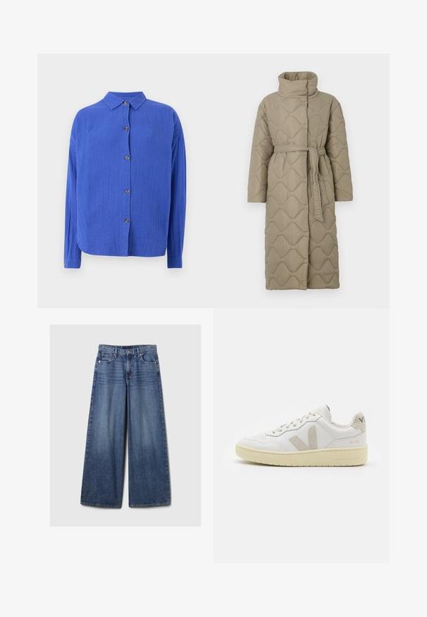 Abrigo largo en tono topo, acolchado, con cuello alto y cinturón de tela a juego atado en la cintura, que presenta un diseño de costura en patrón de olas en toda su superficie.; Suéter de punto a rayas en colores gris y beige, con cuello alto, mangas anchas con puños, y un corte relajado con un diseño recortado.; Camisa azul de manga larga con tejido texturizado, cuello con solapa y cinco botones marrones en la parte delantera. Dobladillo inferior redondeado.; Jeans de mezclilla azul de pierna ancha con un acabado desgastado, que cuentan con un cierre de botón y cremallera, cinco bolsillos y cinturas.; Zapatilla de piel blanca con acentos de ante beige, caja de puntera perforada, cordones planos y suela texturizada en color crema. Cuenta con un branding sutil en el talón.