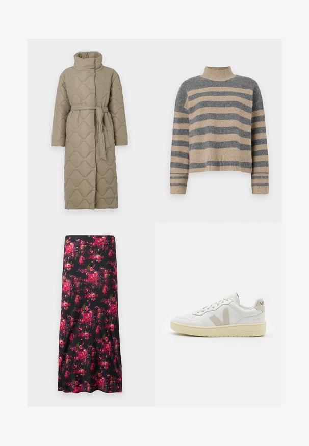 Ilgas taupe spalvos siuvinėtas paltas su aukštu apykakle ir derančiu audinio diržu, suvytu juosmenyje, su banguotu raštu siuvinėjimu visame paviršiuje.; Dryžuotas mezginys su pilkos ir smėlio spalvomis, aukštu kaklu, plačiomis rankovėmis su atvartais ir laisvu siluetu, trumpesnio ilgio.; Juodasis midi sijonas su gėlių raštu, puikuojantis ryškiomis rožinėmis ir raudonomis gėlėmis. Lygus audinys, A formos siluetas, plati apačia.; Balti odiniai sportbačiai su kreminiais zomšos akcentais, perforuota pirštų dalimi, plokščiomis raišteliais ir struktūruota kreminėmis padomis. Ant kulno yra subtilus ženklinimas.