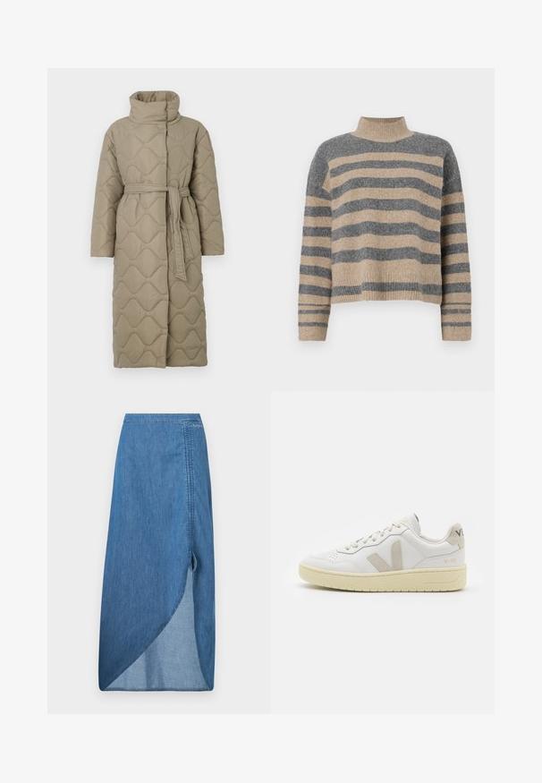 Dolga taupe puhovka s visokim ovratnikom in pasom iz iste tkanine, zavezanim na pasu, ki vsebuje šivane vzorce valov v celotni dolžini.; Prajčast pulover z šivi v sivi in bež barvi, visokim ovratnikom, širokimi manšetami in sproščenim krojem s skrajšano zasnovo.; Jean mini krilo v srednji modri barvi, z visokim razporkom, asimetrično spodnjim robom in teksturirano površino. Vključuje šivane šive in stranske zanke.; Bela usnjena tenisača z bež semiš poudarki, perforiranim prednjim delom, ravnimi vezalkami in strukturiranim kremnim podplatom. Ima diskretno blagovno znamko na peti.