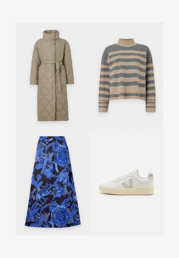 Lang taupe quiltet frakk med høy krage og belte i matchende stoff knyttet rundt livet, med bølgemønster-innsying gjennom hele frakken.; Stripet strikkegenser som har grå og beige farger, høy hals, brede mansjetter og en avslappet passform med kort design.; U-formet skjørt i et blått blomstermønster på svart bakgrunn. Elastisk midjebånd, lett stoff og knelengde.; Hvite lær sneakers med beige semsket detaljer, perforert tåboks, flate lisser og en teksturert kremfarget såle. Har subtil branding på hælen.