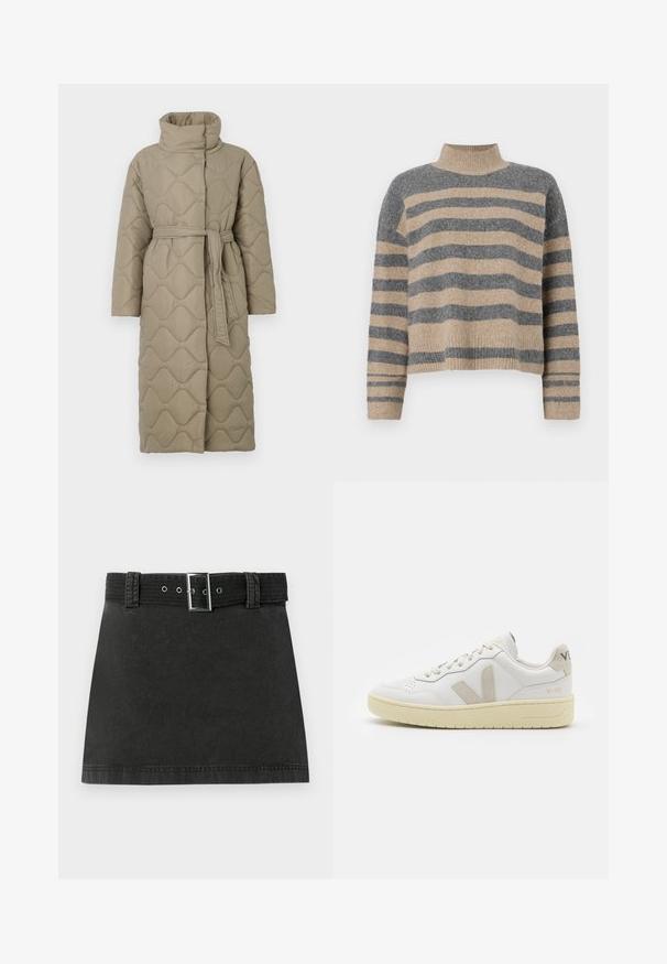 Długi, taupe'owy, pikowany płaszcz z wysokim kołnierzem i pasującym paskiem z materiału związanym w talii, z falistym wzorem przeszyć na całej powierzchni.; Sweter w paski z dzianiny w kolorach szaro-beżowych, z wysokim kołnierzem, szerokimi rękawami na mankietach i luźnym krojem z krótką długością.; Czarna mini spódnica dżinsowa z dopasowanym paskiem z metalową klamrą oraz szlufkami, wyeksponowana płasko na białym tle.; Białe skórzane trampki z beżowymi zamszowymi akcentami, perforowanym noskiem, płaskimi sznurowadłami i teksturowaną kremową podeszwą. Posiadają subtelne logo na pięcie.