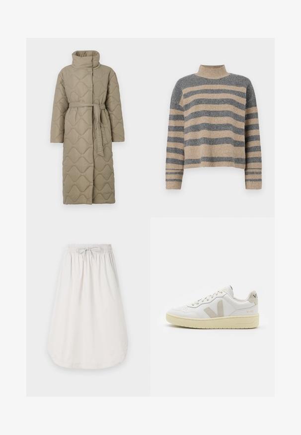Dolga taupe puhovka s visokim ovratnikom in pasom iz iste tkanine, zavezanim na pasu, ki vsebuje šivane vzorce valov v celotni dolžini.; Prajčast pulover z šivi v sivi in bež barvi, visokim ovratnikom, širokimi manšetami in sproščenim krojem s skrajšano zasnovo.; New Balance Krilo A-kroja - grey matter; Bela usnjena tenisača z bež semiš poudarki, perforiranim prednjim delom, ravnimi vezalkami in strukturiranim kremnim podplatom. Ima diskretno blagovno znamko na peti.