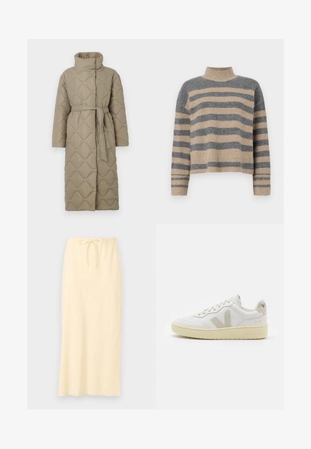Manteau long en taupe matelassé avec col haut et ceinture en tissu assorti nouée à la taille, présentant des coutures en motif de vagues sur l'ensemble.; Pull en maille rayé aux couleurs grises et beiges, col haut, manches large à poignet, coupe décontractée avec un design court.; Jupe longue jaune clair en tissu respirant, dotée d'une taille élastique avec cordon de serrage pour un ajustement personnalisable. Texture lisse, sans motifs.; Baskets blanches en cuir avec des accents en daim beige, boîte à orteils perforée, lacets plats et semelle texturée crème. Présente un logo discret au talon.