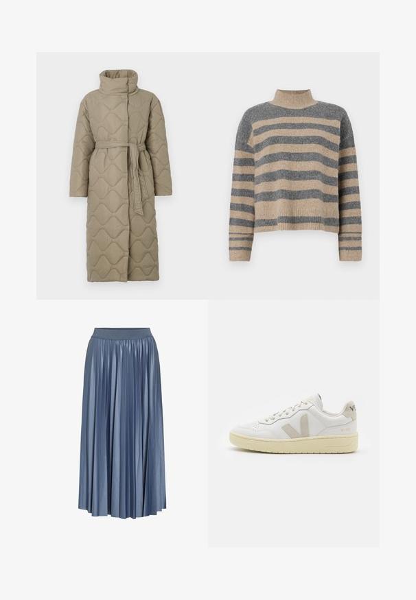 Lang taupe quiltet frakk med høy krage og belte i matchende stoff knyttet rundt livet, med bølgemønster-innsying gjennom hele frakken.; Stripet strikkegenser som har grå og beige farger, høy hals, brede mansjetter og en avslappet passform med kort design.; Plisseret maxiskjørt i en dempet blåfarge, laget av glinsende stoff, med elastisk midjebånd og flytende design, som rekker til midt på leggen.; Hvite lær sneakers med beige semsket detaljer, perforert tåboks, flate lisser og en teksturert kremfarget såle. Har subtil branding på hælen.