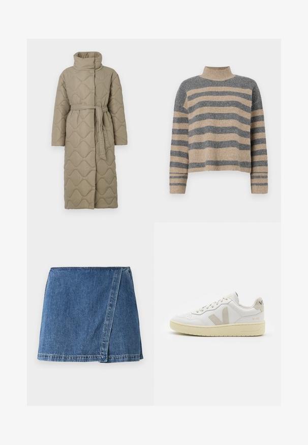 Abrigo largo en tono topo, acolchado, con cuello alto y cinturón de tela a juego atado en la cintura, que presenta un diseño de costura en patrón de olas en toda su superficie.; Suéter de punto a rayas en colores gris y beige, con cuello alto, mangas anchas con puños, y un corte relajado con un diseño recortado.; Minifalda de mezclilla en un color azul medio con un diseño envolvente, que presenta costuras visibles y un dobladillo recto.; Zapatilla de piel blanca con acentos de ante beige, caja de puntera perforada, cordones planos y suela texturizada en color crema. Cuenta con un branding sutil en el talón.