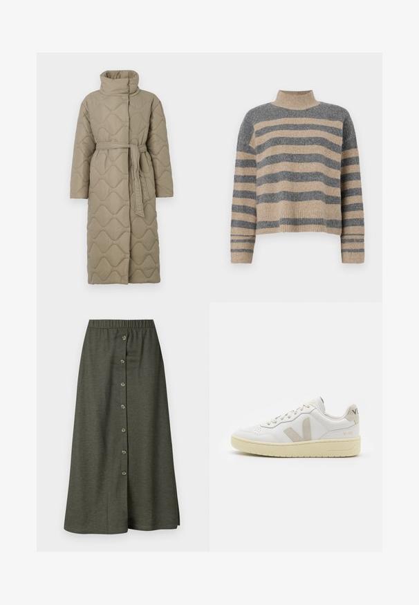 Lang taupe quiltet frakk med høy krage og belte i matchende stoff knyttet rundt livet, med bølgemønster-innsying gjennom hele frakken.; Stripet strikkegenser som har grå og beige farger, høy hals, brede mansjetter og en avslappet passform med kort design.; Khaki midi-skjørt med knappelukking foran med åtte knapper, elastisk midje og glatt, lett stoff.; Hvite lær sneakers med beige semsket detaljer, perforert tåboks, flate lisser og en teksturert kremfarget såle. Har subtil branding på hælen.
