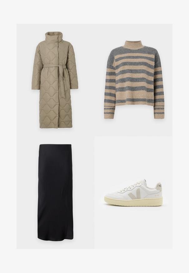 Dugi taupe kaput s kvadrama s visokim ovratnikom i remenom od istog materijala zavezanim u struku, s valovitim uzorkom šivanja kroz cijelu površinu.; Prugasti pleteni džemper u sivoj i bež boji, s visokim ovratnikom, širokim rukavima s manžetama i opuštenim krojem koji je skraćen.; Crna, bez rukava midi suknja izrađena od glatkog materijala. Ima ravni, produženi oblik bez uzoraka ili detalja. Jednostavan i minimalistički dizajn.; Bijele kožne tenisice s bež nubuk naglascima, perforiranim prednjim dijelom, ravnim čipkama i teksturiranom kremastom potplatom. Sadrži suptilni brend na pete.