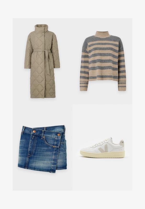 Lang taupe quiltet frakk med høy krage og belte i matchende stoff knyttet rundt livet, med bølgemønster-innsying gjennom hele frakken.; Stripet strikkegenser som har grå og beige farger, høy hals, brede mansjetter og en avslappet passform med kort design.; Dongeribukser i medium blå med en falmet vask, med kobberknapper, fem-lomme design og kontrastsøm detaljer.; Hvite lær sneakers med beige semsket detaljer, perforert tåboks, flate lisser og en teksturert kremfarget såle. Har subtil branding på hælen.