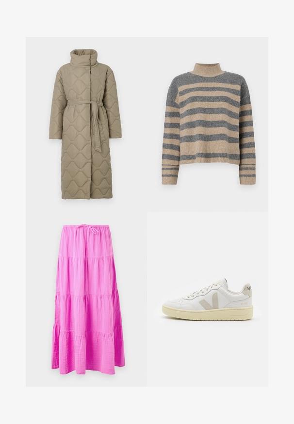 Abrigo largo en tono topo, acolchado, con cuello alto y cinturón de tela a juego atado en la cintura, que presenta un diseño de costura en patrón de olas en toda su superficie.; Suéter de punto a rayas en colores gris y beige, con cuello alto, mangas anchas con puños, y un corte relajado con un diseño recortado.; Falda larga y en capas de un rosa brillante, hecha de un tejido suave y texturizado. Presenta una cintura elástica con cordón para un ajuste ajustable.; Zapatilla de piel blanca con acentos de ante beige, caja de puntera perforada, cordones planos y suela texturizada en color crema. Cuenta con un branding sutil en el talón.
