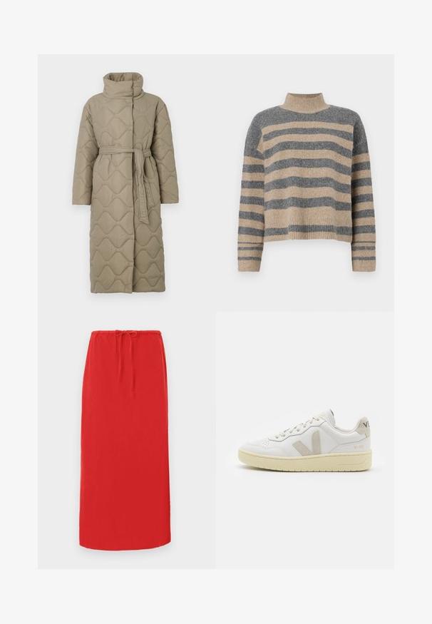 Manteau long en taupe matelassé avec col haut et ceinture en tissu assorti nouée à la taille, présentant des coutures en motif de vagues sur l'ensemble.; Pull en maille rayé aux couleurs grises et beiges, col haut, manches large à poignet, coupe décontractée avec un design court.; Jupe rouge, longueur genou, fabriquée en tissu léger avec une taille élastique et un cordon de serrage pour un ajustement modulable. Texture lisse, sans motifs visibles.; Baskets blanches en cuir avec des accents en daim beige, boîte à orteils perforée, lacets plats et semelle texturée crème. Présente un logo discret au talon.