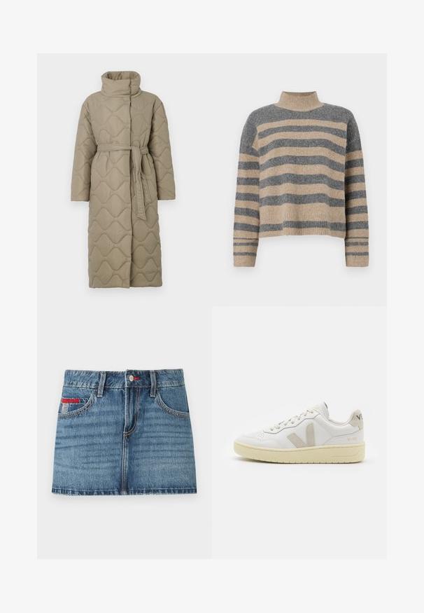 Abrigo largo en tono topo, acolchado, con cuello alto y cinturón de tela a juego atado en la cintura, que presenta un diseño de costura en patrón de olas en toda su superficie.; Suéter de punto a rayas en colores gris y beige, con cuello alto, mangas anchas con puños, y un corte relajado con un diseño recortado.; Falda corta de mezclilla en azul medio con textura desgastada, cinco bolsillos y detalles de costura roja. Cuenta con un cierre de botón y trabillas para cinturón.; Zapatilla de piel blanca con acentos de ante beige, caja de puntera perforada, cordones planos y suela texturizada en color crema. Cuenta con un branding sutil en el talón.