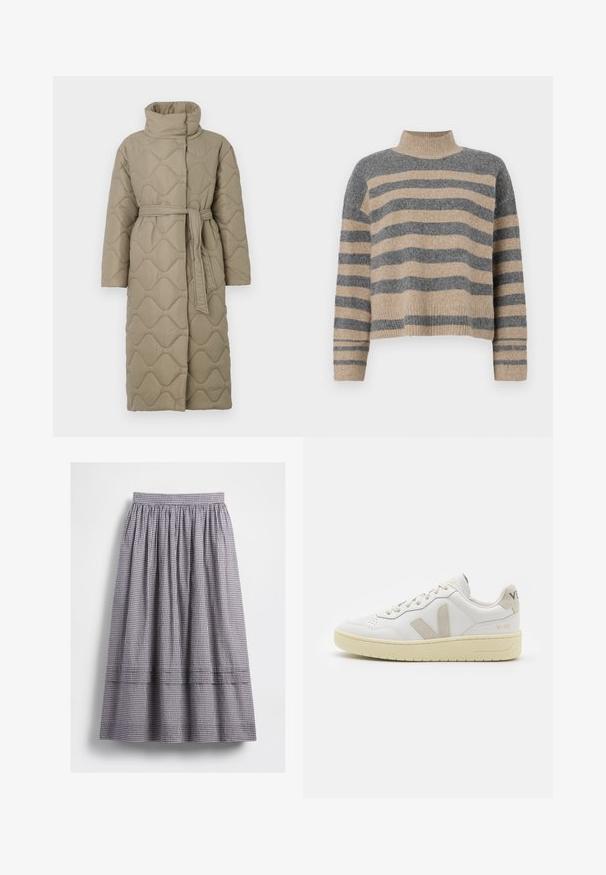 Langer taubefarbener gesteppter Mantel mit hohem Kragen und passendem Stoffgürtel, der in der Taille gebunden ist, mit Wellenmuster-Steppung. ; Gestreifter Strickpullover in Grau- und Beigetönen, mit hohem Kragen, breiten Bündchen an den Ärmeln und einer lockeren Passform im verkürzten Design.; Schwarz-weiß kariertes Midirock mit elastischem Bund, geraffter Textur und sichtbaren Nahtdetails entlang des Saums.; Weiße Ledersneaker mit beigen Wildlederakzenten, perforierte Zehenbox, flache Schnürsenkel und eine strukturierte cremefarbene Sohle. Mit dezentem Branding an der Ferse.