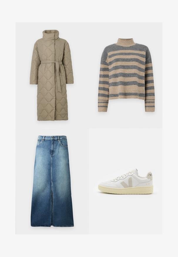 Dolga taupe puhovka s visokim ovratnikom in pasom iz iste tkanine, zavezanim na pasu, ki vsebuje šivane vzorce valov v celotni dolžini.; Prajčast pulover z šivi v sivi in bež barvi, visokim ovratnikom, širokimi manšetami in sproščenim krojem s skrajšano zasnovo.; Jeanskrilo v svetlo do temno modrem prehodu, ki ima sprednji razporek, standarden pas in ravno kroj z obrobljenimi robovi.; Bela usnjena tenisača z bež semiš poudarki, perforiranim prednjim delom, ravnimi vezalkami in strukturiranim kremnim podplatom. Ima diskretno blagovno znamko na peti.