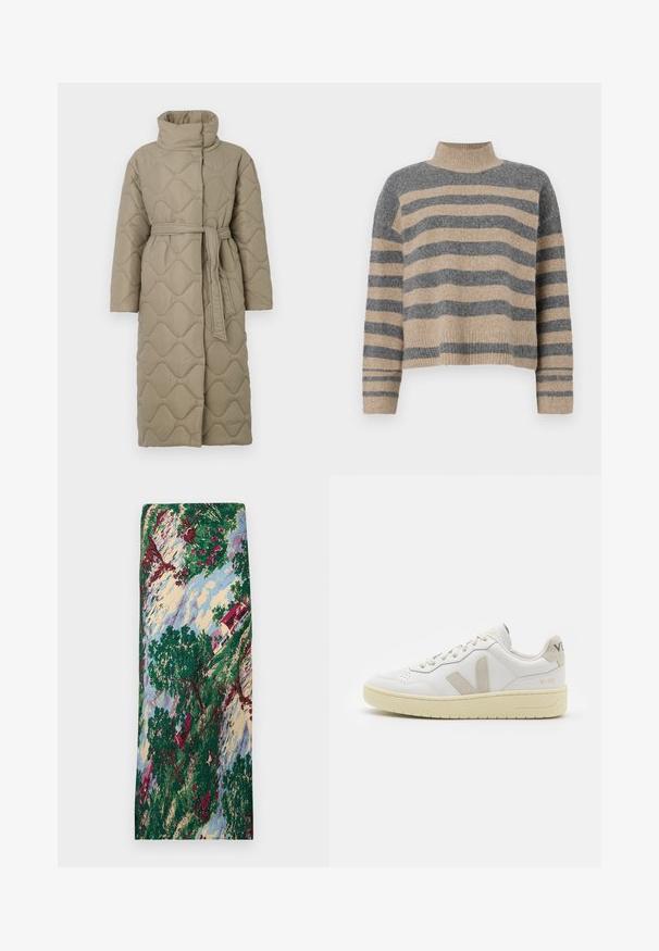 Dlhý taupe prešívaný kabát s vysokým golierom a opaskom z rovnakého materiálu viazaným v páse, so štepovaním vlnkového vzoru po celej ploche.; Prúžkovaný pletený sveter s šedými a béžovými farbami, vysokým golierom, širokými manžetami a voľným strihom s krátkym dizajnom.; Vzorovaná tkanina s krajinnou scénou, ktorá zahŕňa zelené stromy, červené kvety, dom s červenou strechou a modrú oblohu. Hladká textúra.; Biele kožené tenisky s béžovými semišovými akcentmi, perforovanou špičkou, plochými šnúrkami a textúrovanou krémovou podrážkou. Obsahujú jemné označenie na päte.