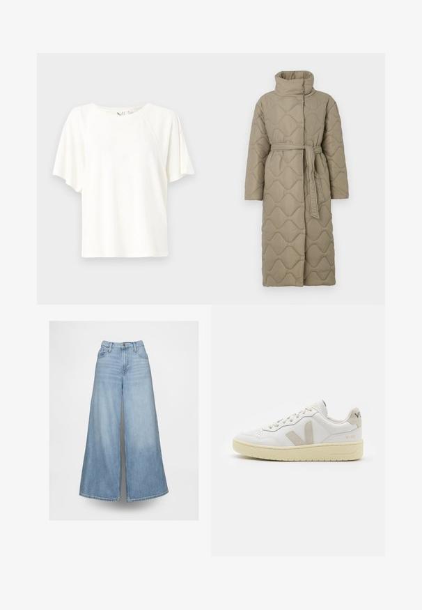 Abrigo largo en tono topo, acolchado, con cuello alto y cinturón de tela a juego atado en la cintura, que presenta un diseño de costura en patrón de olas en toda su superficie.; Suéter de punto a rayas en colores gris y beige, con cuello alto, mangas anchas con puños, y un corte relajado con un diseño recortado.; Camiseta blanca de manga corta hecha de tejido suave, con un corte relajado, escote redondo y un sutil detalle de logo en el pecho.; Jeans de mezclilla de pernera ancha en azul claro con cintura alta, cierre frontal de botón y cremallera, bolsillos delantero y trasero sobre fondo liso.; Zapatilla de piel blanca con acentos de ante beige, caja de puntera perforada, cordones planos y suela texturizada en color crema. Cuenta con un branding sutil en el talón.