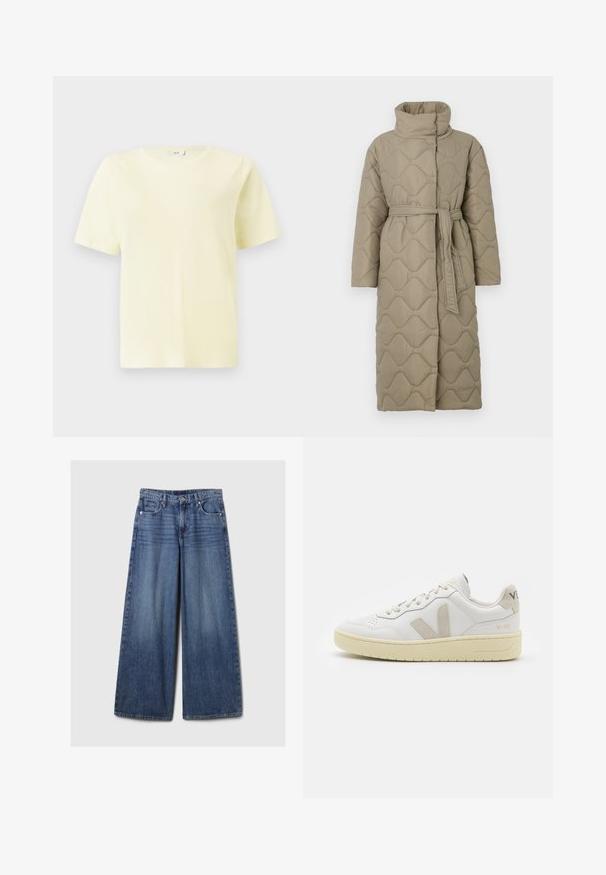 Pitkä taupe-värinen tikattu takki, jossa on korkea kaulus ja samaa kangasta oleva vyö solmittuna vyötärölle. Takissa on aallokkomuotoista tikkausta koko matkalta.; Raidallisen neulepaidan harmaan ja beigen sävyiset värit, korkea kaulus, leveät hihansuut ja rento istuvuus lyhyellä leikkauksella.; Lyhyet hihat, pyöreä kaula-aukko, yksinkertainen vaaleankeltainen unisex T-paita, esillä valkoista taustaa vasten.; Vaaleansiniset, leveälahkeiset farkut, joissa on haalistunut viimeistely. Ne sisältävät napin ja vetskarin, viisi taskua sekä vyölenkit.; Valkoiset nahkakengät, joissa on vaaleanruskeat pigmenttisuojat, rei'itetty kärki, litteät nauhat ja teksturoitu kermaisa pohja. Takana on huomaamaton brändäys.