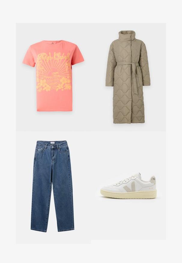 Dlhý taupe prešívaný kabát s vysokým golierom a opaskom z rovnakého materiálu viazaným v páse, so štepovaním vlnkového vzoru po celej ploche.; Prúžkovaný pletený sveter s šedými a béžovými farbami, vysokým golierom, širokými manžetami a voľným strihom s krátkym dizajnom.; Korálové tričko s krátkym rukávom s žltým grafickým dizajnom so slnkom, vlnami a kvetinovými prvkami. Vyrobené z bavlny. Klasický strih.; Klasické modré džínsy z denimu so strihom rovného strihu, piatimi vreckami a zapínaním na gombík. Majú stredné praním a pevnú textúru.; Biele kožené tenisky s béžovými semišovými akcentmi, perforovanou špičkou, plochými šnúrkami a textúrovanou krémovou podrážkou. Obsahujú jemné označenie na päte.