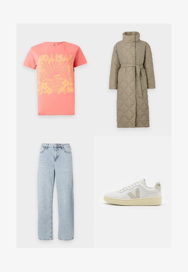 Dolga taupe puhovka s visokim ovratnikom in pasom iz iste tkanine, zavezanim na pasu, ki vsebuje šivane vzorce valov v celotni dolžini.; Prajčast pulover z šivi v sivi in bež barvi, visokim ovratnikom, širokimi manšetami in sproščenim krojem s skrajšano zasnovo.; Koralen kratek rokav t-shirt z rumenim grafičnim dizajnom, ki vključuje sonce, valove in cvetlične elemente. Narejen iz bombaža. Klasičen kroj.; Svijetloplave traperice visokog struka ravnih nogavica s prednjim gumbom, patentnim zatvaračem i dizajnom s pet džepova na bijeloj pozadini.; Bela usnjena tenisača z bež semiš poudarki, perforiranim prednjim delom, ravnimi vezalkami in strukturiranim kremnim podplatom. Ima diskretno blagovno znamko na peti.