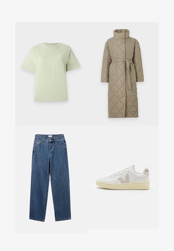 Garšs pelēkbrūns quiltēts mētelis ar augstu apkakli un atbilstošu auduma jostu, kas sasieta ap vidukli, ar viļņu raksta šuvēm visā virsmā.; Raitaināta džemperis ar pelēkajām un bežām krāsām, augstu apkakli, platām aprocēm un brīvu piegriezumu ar īsu dizainu.; Gaiši zaļš kokvilnas T-krekls ar apaļu apkakli, īsām piedurknēm un apaļu grafisku druku uz krūtīm. Mīksta tekstūra, brīvs piegriezums.; Klasiskie zili džinsi ar taisnu kāju dizainu, pieciem kabatām un pogu aizdari. Iezīmējas ar vidēju mazgāšanu un izturīgu tekstūru.; Baltas ādas sporta apavu pāris ar bēšiem zamša akcentiem, caurumiņu purngalā, plakanu šņorēšanu un teksturētu krēmkrāsas zoli. Iezīmējas ar diskrētu zīmolu uz papēža.