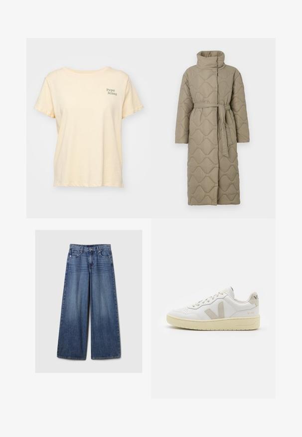 Abrigo largo en tono topo, acolchado, con cuello alto y cinturón de tela a juego atado en la cintura, que presenta un diseño de costura en patrón de olas en toda su superficie.; Suéter de punto a rayas en colores gris y beige, con cuello alto, mangas anchas con puños, y un corte relajado con un diseño recortado.; Camiseta de color amarillo claro hecha de algodón, con un corte holgado, mangas cortas y un sutil logo gris de "Pepe Jeans" en el lado izquierdo del pecho.; Jeans de mezclilla azul de pierna ancha con un acabado desgastado, que cuentan con un cierre de botón y cremallera, cinco bolsillos y cinturas.; Zapatilla de piel blanca con acentos de ante beige, caja de puntera perforada, cordones planos y suela texturizada en color crema. Cuenta con un branding sutil en el talón.