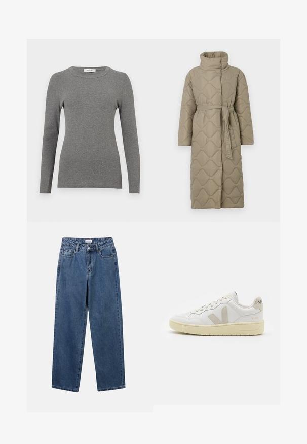 Dugi taupe kaput s kvadrama s visokim ovratnikom i remenom od istog materijala zavezanim u struku, s valovitim uzorkom šivanja kroz cijelu površinu.; Prugasti pleteni džemper u sivoj i bež boji, s visokim ovratnikom, širokim rukavima s manžetama i opuštenim krojem koji je skraćen.; Siva pamučna majica dugih rukava napravljena od mekog rebrastog materijala. Ima zaobljen izrez i prilagođen kroj, s minimalnim detaljima ili uzorcima.; Klasične plave traperice s ravnim nogavicama, pet džepova i dugmadom za zatvaranje. Imaju srednje pranje i čvrstu teksturu.; Bijele kožne tenisice s bež nubuk naglascima, perforiranim prednjim dijelom, ravnim čipkama i teksturiranom kremastom potplatom. Sadrži suptilni brend na pete.