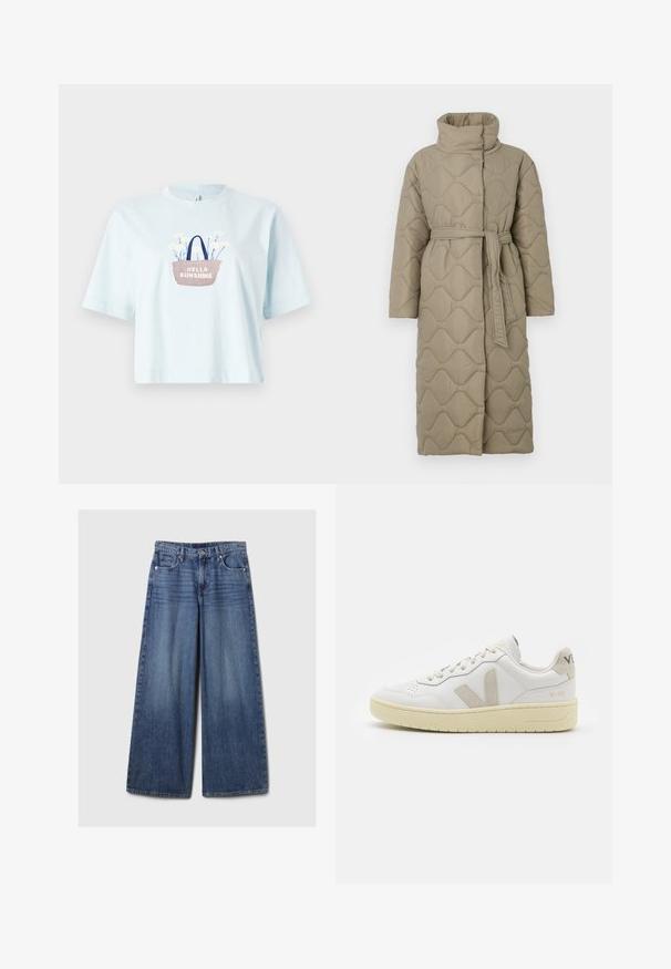 Long taupe quilted coat with high collar and matching fabric belt tied at the waist, featuring wave-pattern stitching throughout.; Striped knit sweater featuring gray and beige colors, high neck, wide cuffed sleeves, and a relaxed fit with a cropped design.; Light blue cotton t-shirt with short sleeves, featuring an embroidered basket design with flowers and the text "HELLO SUNSHINE."; Wide-leg blue denim jeans with a faded finish, featuring a button and zipper closure, five pockets, and belt loops.; White leather sneaker with beige suede accents, perforated toe box, flat laces, and a textured cream sole. Features subtle branding on heel.