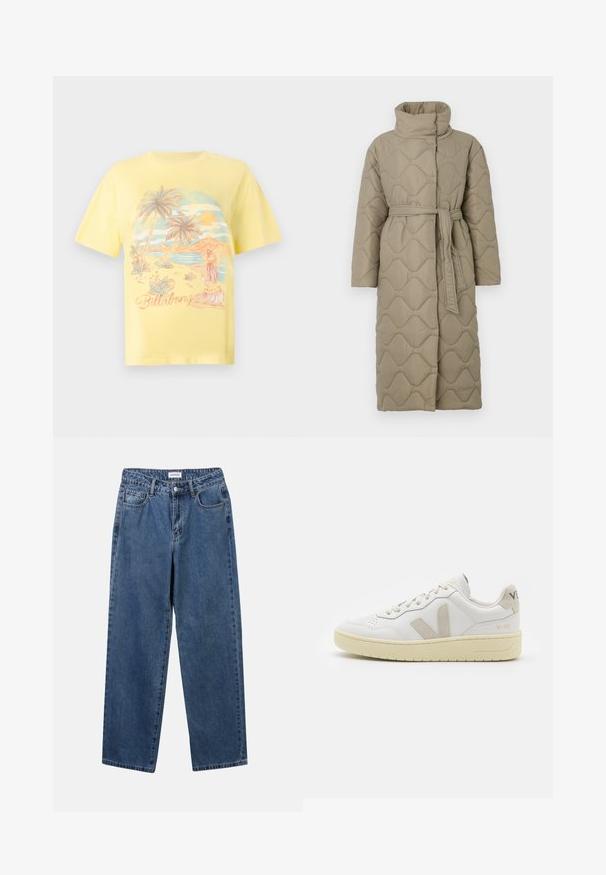 Dlhý taupe prešívaný kabát s vysokým golierom a opaskom z rovnakého materiálu viazaným v páse, so štepovaním vlnkového vzoru po celej ploche.; Prúžkovaný pletený sveter s šedými a béžovými farbami, vysokým golierom, širokými manžetami a voľným strihom s krátkym dizajnom.; Žlté bavlnené tričko s tropickou plážovou scénou, na ktorej sú palmy, západ slnka a ilustrácia hula tanečnice. Nápis "Billabong" v písmovom písme.; Klasické modré džínsy z denimu so strihom rovného strihu, piatimi vreckami a zapínaním na gombík. Majú stredné praním a pevnú textúru.; Biele kožené tenisky s béžovými semišovými akcentmi, perforovanou špičkou, plochými šnúrkami a textúrovanou krémovou podrážkou. Obsahujú jemné označenie na päte.