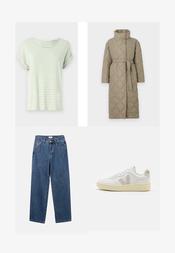 Abrigo largo en tono topo, acolchado, con cuello alto y cinturón de tela a juego atado en la cintura, que presenta un diseño de costura en patrón de olas en toda su superficie.; Suéter de punto a rayas en colores gris y beige, con cuello alto, mangas anchas con puños, y un corte relajado con un diseño recortado.; Camiseta de rayas verde claro hecha de una tela suave, con un escote redondo y mangas cortas enrolladas, con rayas blancas horizontales.; Jeans de mezclilla azul clásico con un diseño de pierna recta, cinco bolsillos y cierre de botón. Presenta un lavado medio y una textura resistente.; Zapatilla de piel blanca con acentos de ante beige, caja de puntera perforada, cordones planos y suela texturizada en color crema. Cuenta con un branding sutil en el talón.